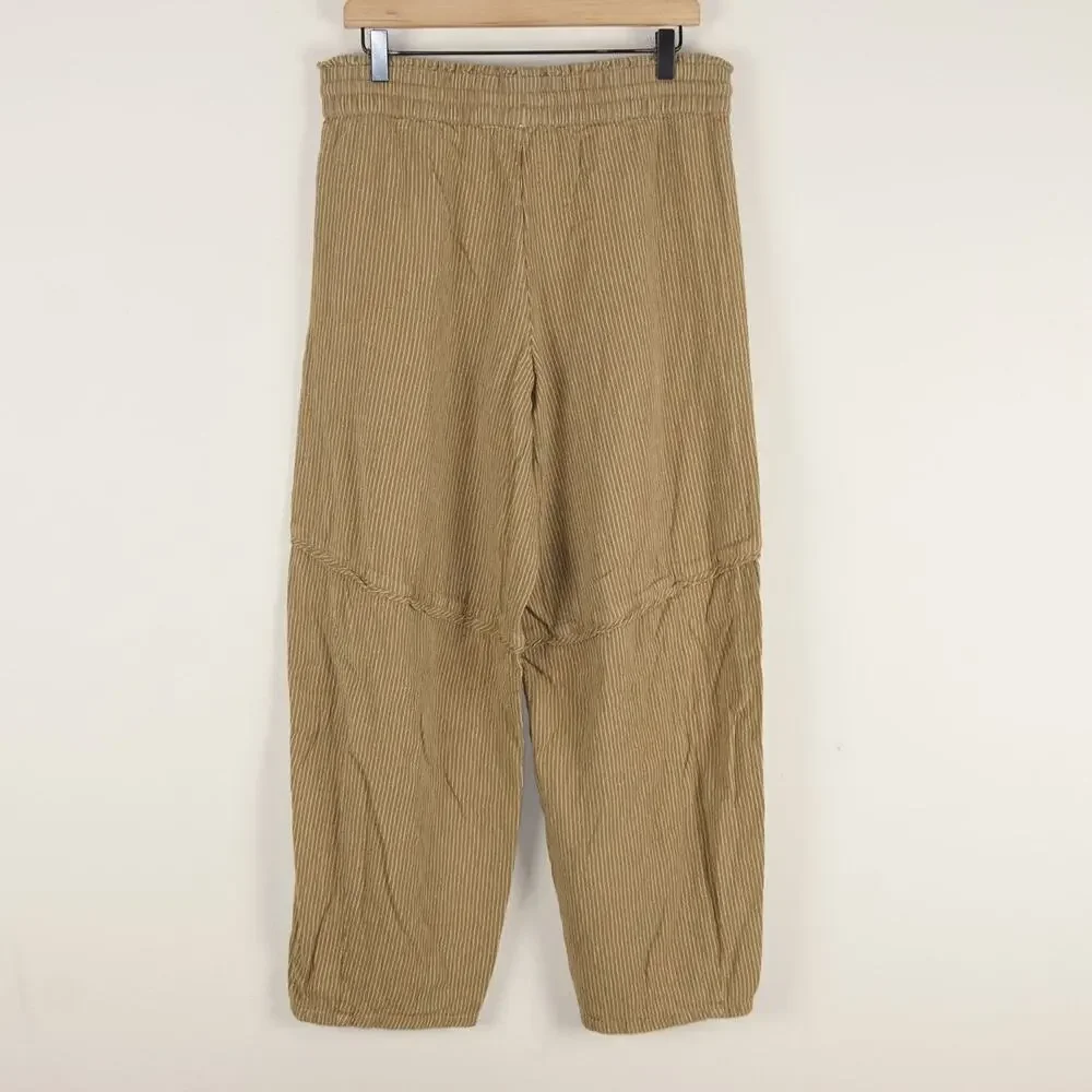 Free People Something Good Leaf Green Striped Cotton Pull On Barrel Leg Pants L